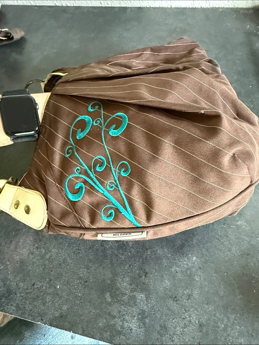 Brown Pinstripe Shoulder Bag with Teal Embroidery hobo bag by Ogio